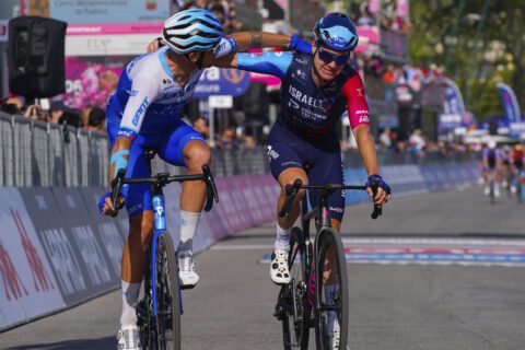 Simon Clarke and Alessandro De Marchi console each other after their day-long breakaway on stage six of the Giro d'Italia 2023